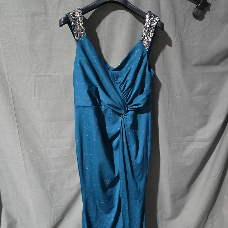 EVER PRETTY TURQUOISE EVENING DRESS WITH SEQUIN-EMBELLISHED SHOULDER STRAPS – WOMEN'S GOWN