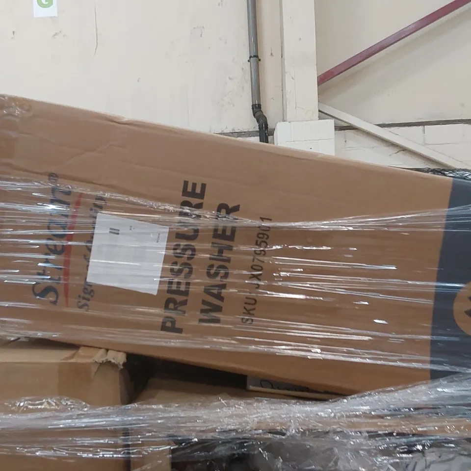 PALLET CONTAINING A LARGE QUANTITY OF ASSORTED CONSUMER PRODUCTS INCLUDING: 24V COMPRESSOR FRIDGE, PRESSURE WASHER ECT