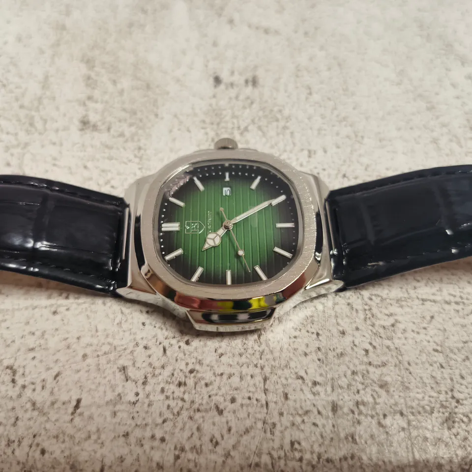FRANK SCHMIDT GREEN DIAL WRISTWATCH – STAINLESS STEEL CUSHION CASE, LEATHER STRAP