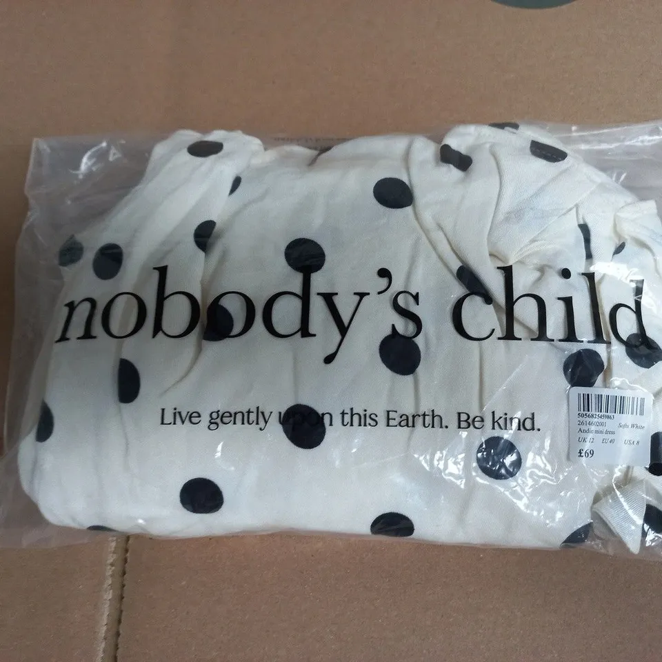 NOBODY'S CHILD ANDIE MINI DRESS – WHITE WITH BLACK POLKA DOTS, UK 12 (EU 40, US 8)