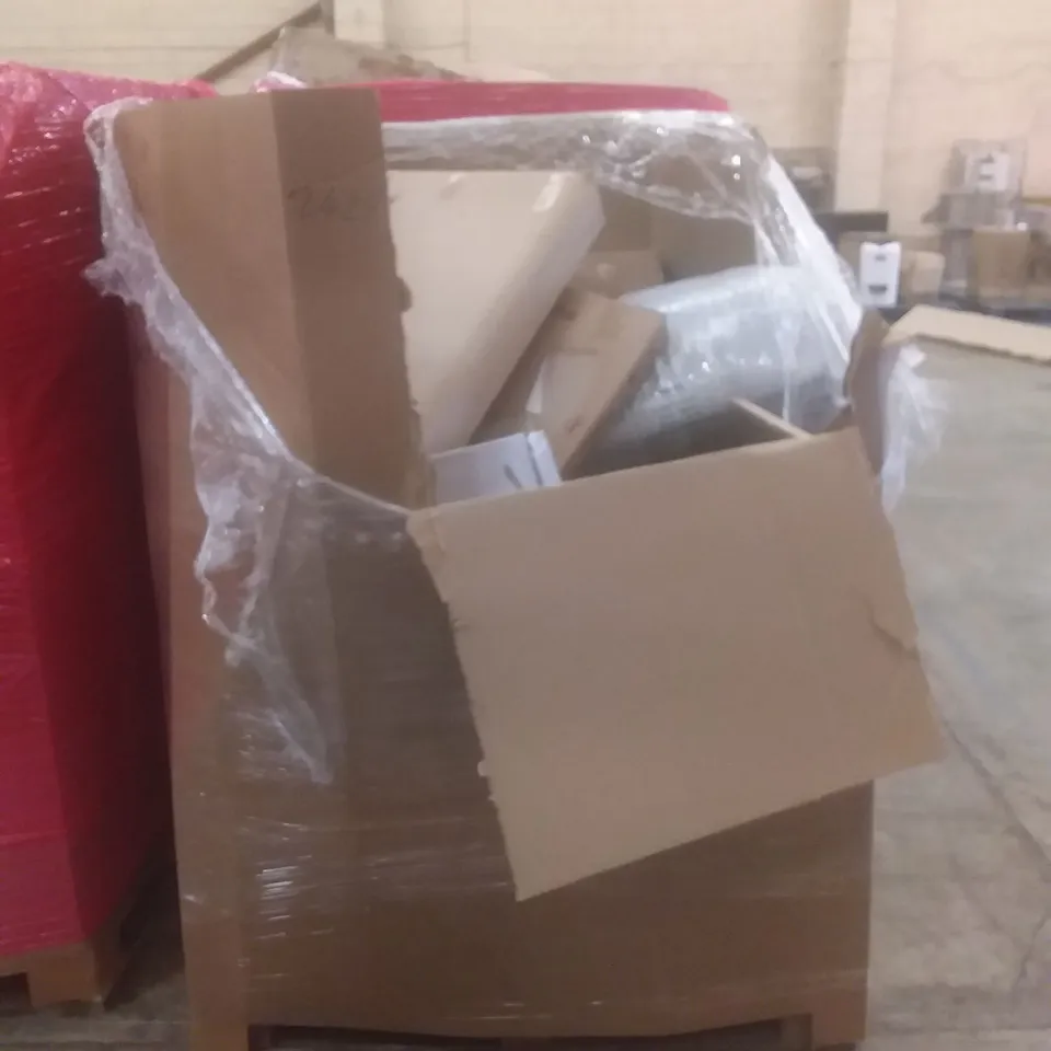 PALLET OF ASSORTED HOUSEHOLD PRODUCTS AND ITEMS, INCLUDING; PLAYPEN, CANVAS PRINT, STORAGE BASKET UNIT  DOG BOOSTER SEAT, PET CRATE, TOILET SEAT ETC
