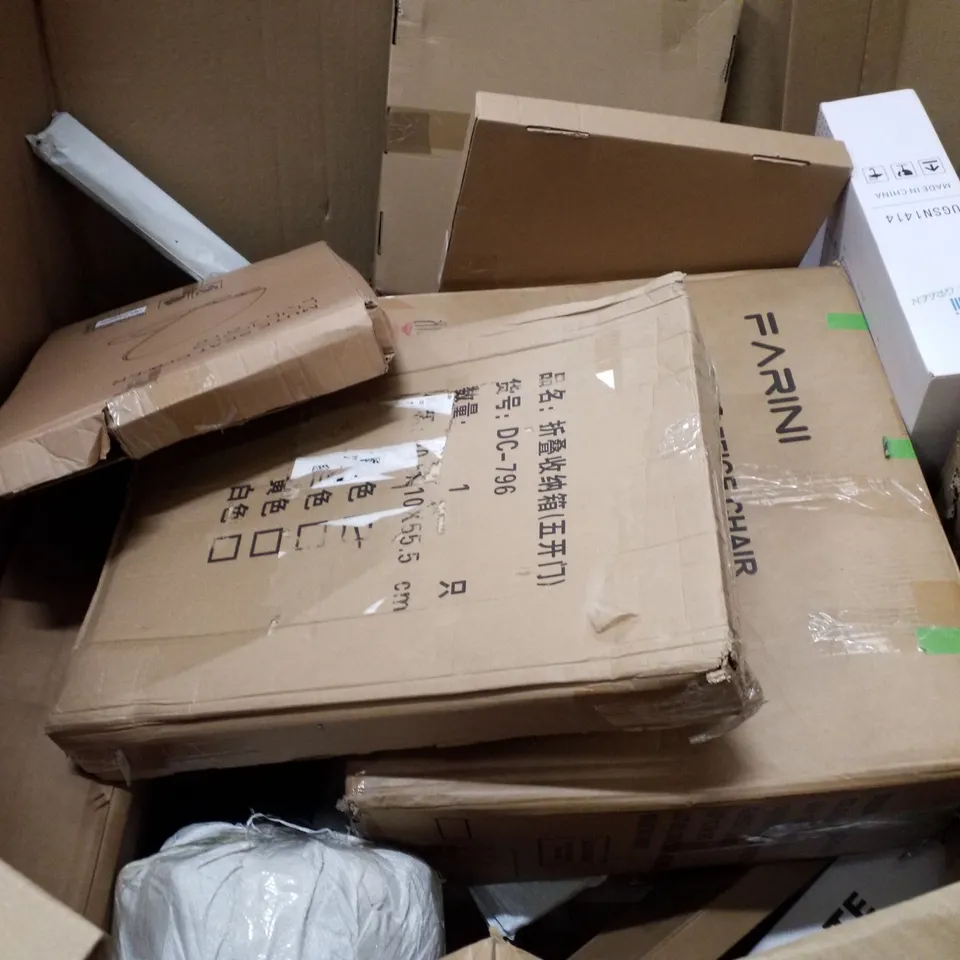 PALLET OF ASSORTED PRODUCTS INCLUDING TOILET SEAT, OFFICE CHAIR, 2.6M TELESCOPIC LADDER, LED CEILING LIGHT