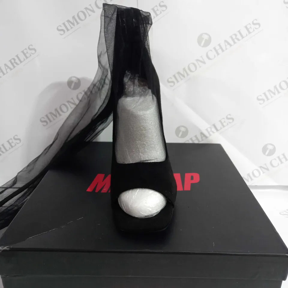 BOXED MISSPAP MESH PEEP TOE OVER THE KNEE BOOTS - SIZE 6