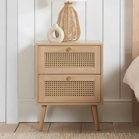 BOXED WOODEN BEDSIDE CHEST OF RATTAN DRAWERS - LIGHT OAK (1 BOX)