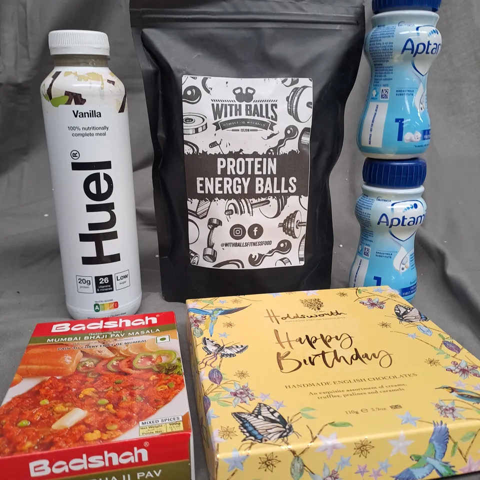 BOX OF APPROXIMATELY 10 ITEMS TO INCLUDE HUEL VANILLA, PROTEIN BALLS, APTAMIL ETC