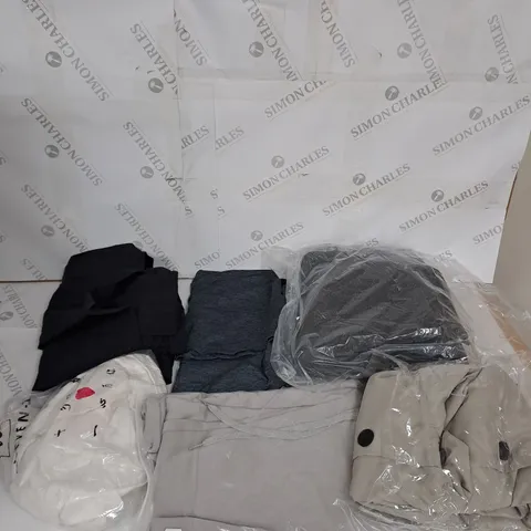LARGE BOX OF ASSORTED CLOTHING ITEMS IN VARIOUS COLOURS AND SIZES INCLUDING TROUSERS , TOPS AND JUMPERS