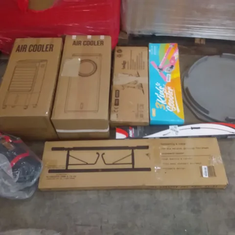 PALLET OF ASSORTED ITEMS INCLUDING AIR COOLERS, CHRALIFE DUFFEL BAG, HOME PULL UP BAR, NIKE ARCHERY SET, 3 KIDS SCOOTER, BELEEV SCOOTER