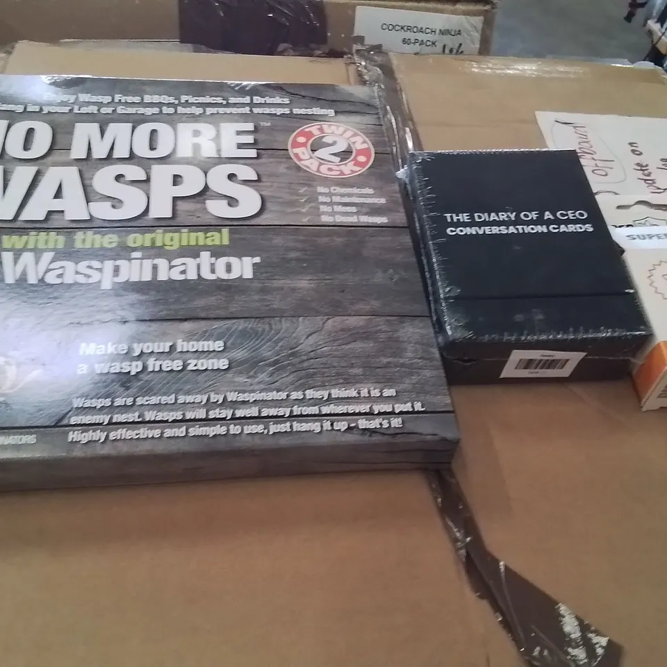 PALLET OF ASSORTED HOUSEHOLD GOODS AND PRODUCTS TO INCLUDE;DIARY OF NEO CARD GAME,SUPER NINJA FLY CATCHER,WASPINATOR