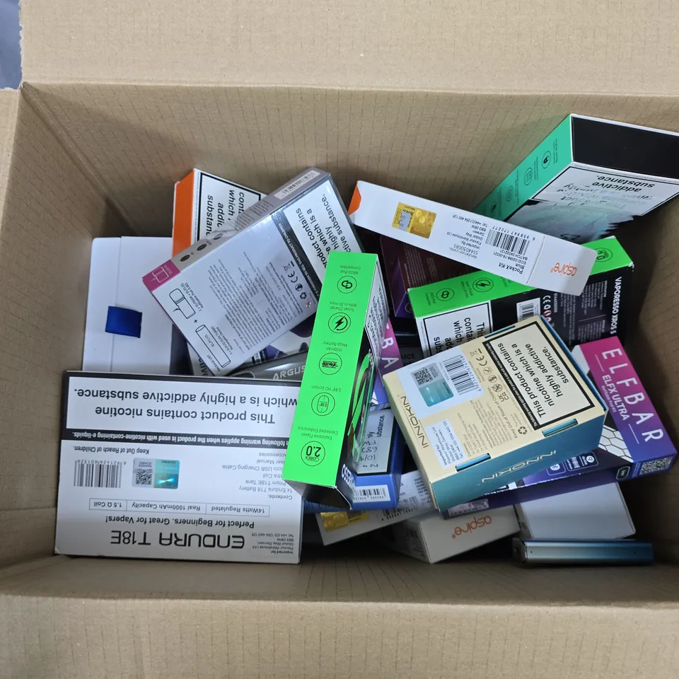 APPROXIMATELY 20 ASSORTED VAPE & E-CIGARETTE PRODUCTS TO INCLUDE BRANDS SUCH AS ASPIRE, VAPORESSO, ELFBAR, ETC