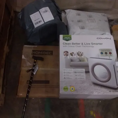 PALLET OF ASSORTED ITEMS INCLUDING MERRIMEN BUBBLE WRAP ROLL, LORENZ WALKING STICK, BAGZZIA, COWAY AIR QUALITY FILTER, HOMIDEC