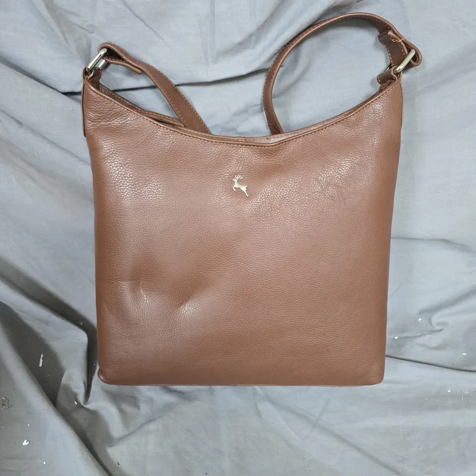 BROWN PEBBLE-GRAIN LEATHER SHOULDER BAG WITH GOLD DEER LOGO 