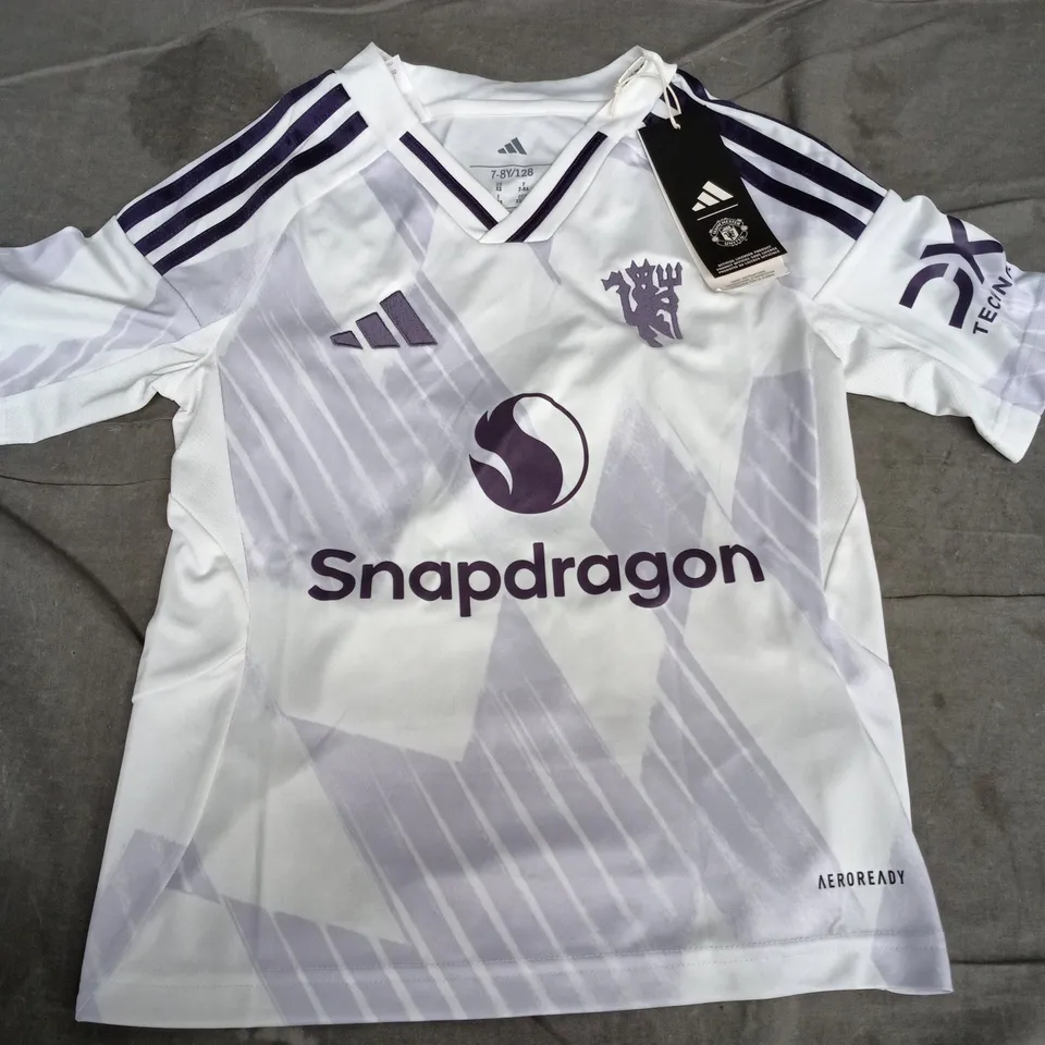 ADIDAS KIDS' FOOTBALL SHIRT – WHITE/PURPLE, UK 7-8Y (US XS) – SNAPDRAGON SPONSOR (SESKO - #30)