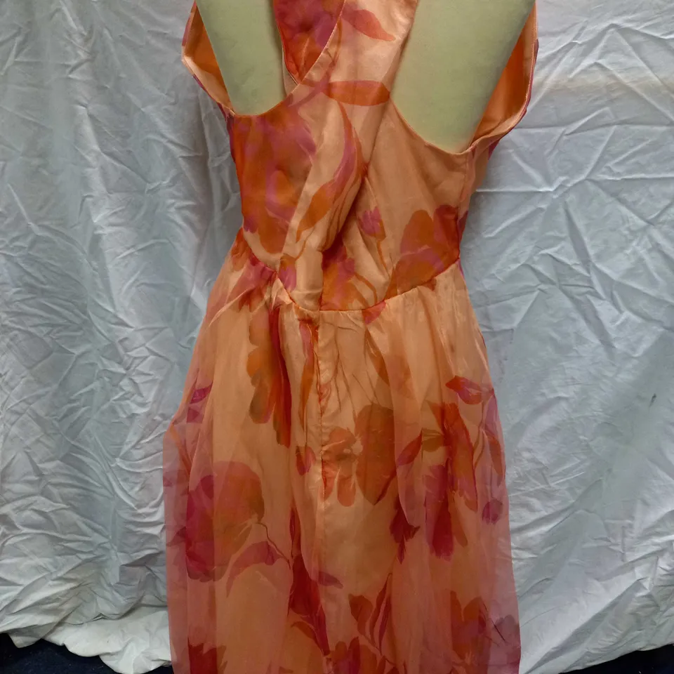 COAST CROSS FRONT PRINTED ORGANZA PEACH MIDI DRESS - SIZE 14