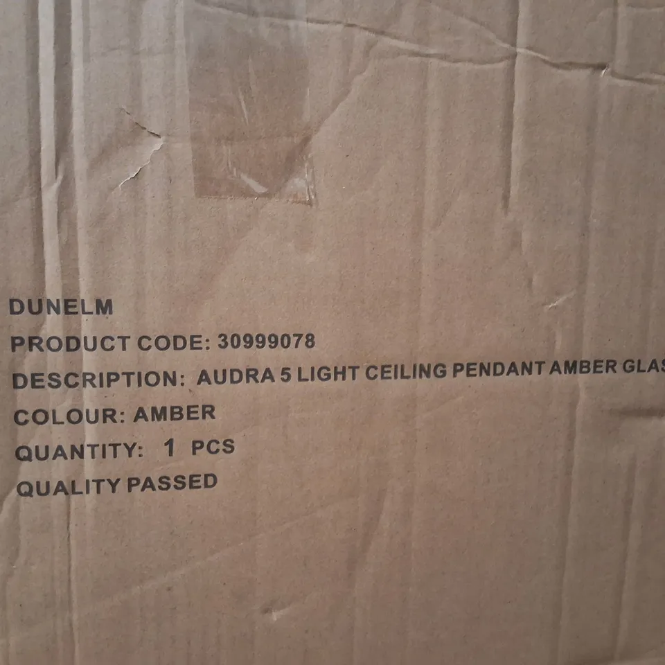 BOXED DUNELM AUDRA 5-LIGHT CHANDELIER PENDANT AMBER GLASS – PRODUCT CODE 30999078