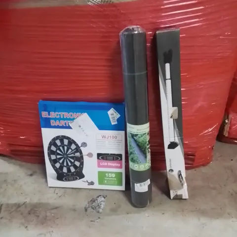 PALLET OF ASSORTED HOUSEHOLD GOODS AND PRODUCTS TO INCLUDE;ELECTRONIC DARTBOARD ,DOOR BRACELETS,WEED BARRIER 