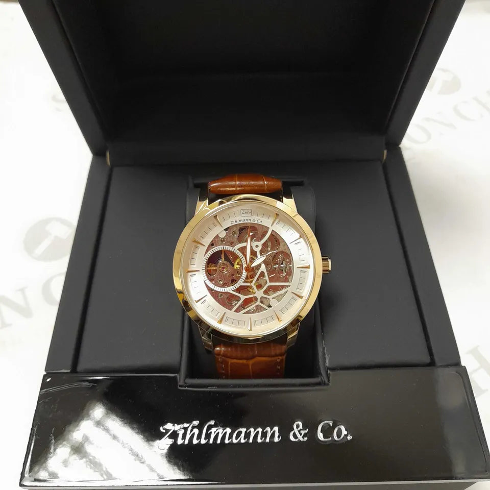 ZIHLMANN & CO GOLD EFFECT SKELETON BROWN LEATHER STRAP WRISTWATCH