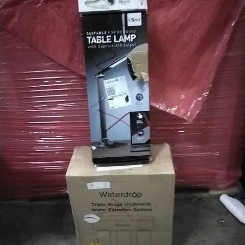 PALLET OF ASSORTED PRODUCTS AND HOUSEHOLD GOODS TO INCLUDE;TABLE LAMP,WATER FILTRATION SYSTEM,ANTI AGE ROLLER