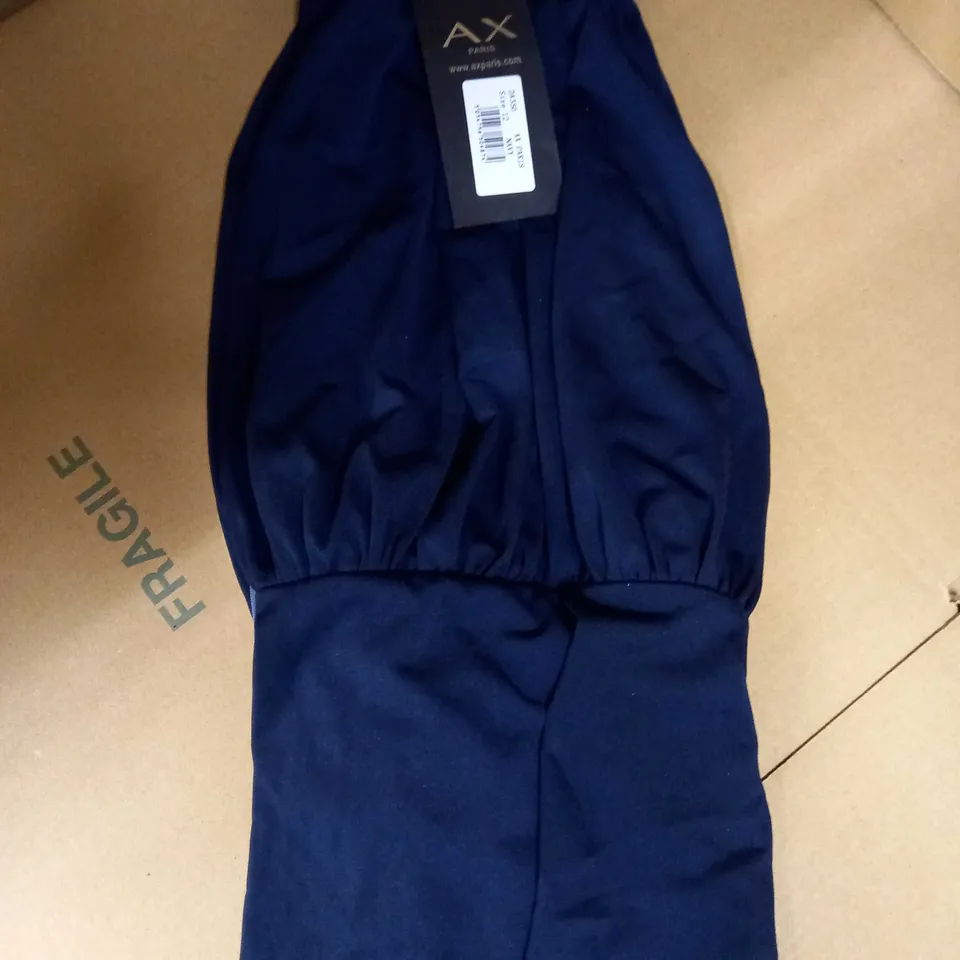 AX PARIS HIGH NECK NAVY RUCHED MAXI DRESS - SIZE 12