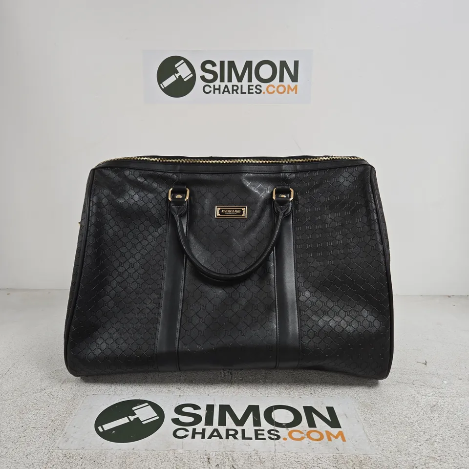 RIVER ISLAND BLACK MONOGRAM HANDBAG – GOLD HARDWARE, ZIP TOP, TWIN HANDLES 