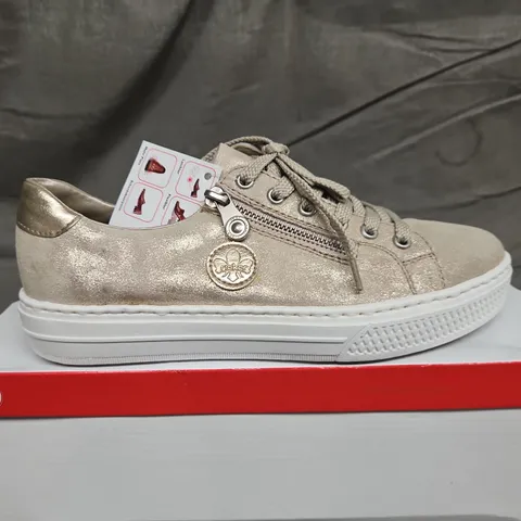 BOXED PAIR OF RIEKER SHOES IN METALLIC GOLD SIZE 39