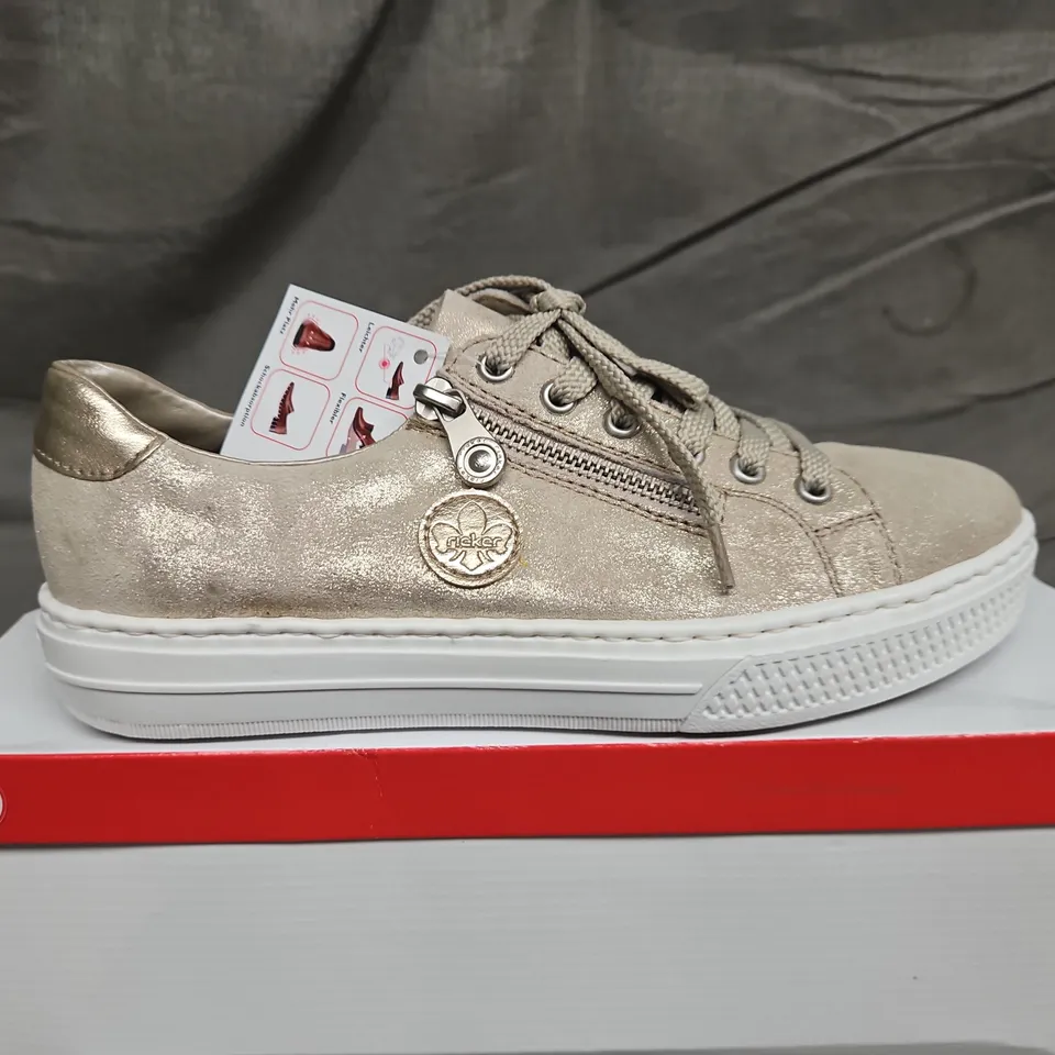 BOXED PAIR OF RIEKER SHOES IN METALLIC GOLD SIZE 39