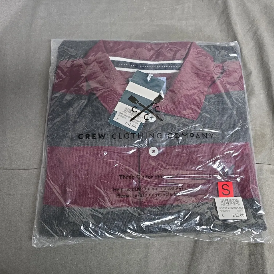 BAGGED CREW CLOTHING COMPANY HERITAGE RUGBY STRIPE POLO IN BURGUNDY - SMALL