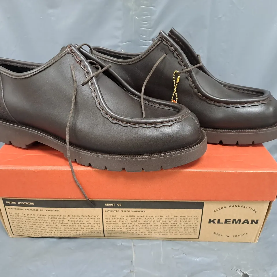 BOXED PAIR OF KLEMAN SHOES IN DARK BROWN SIZE EU 44