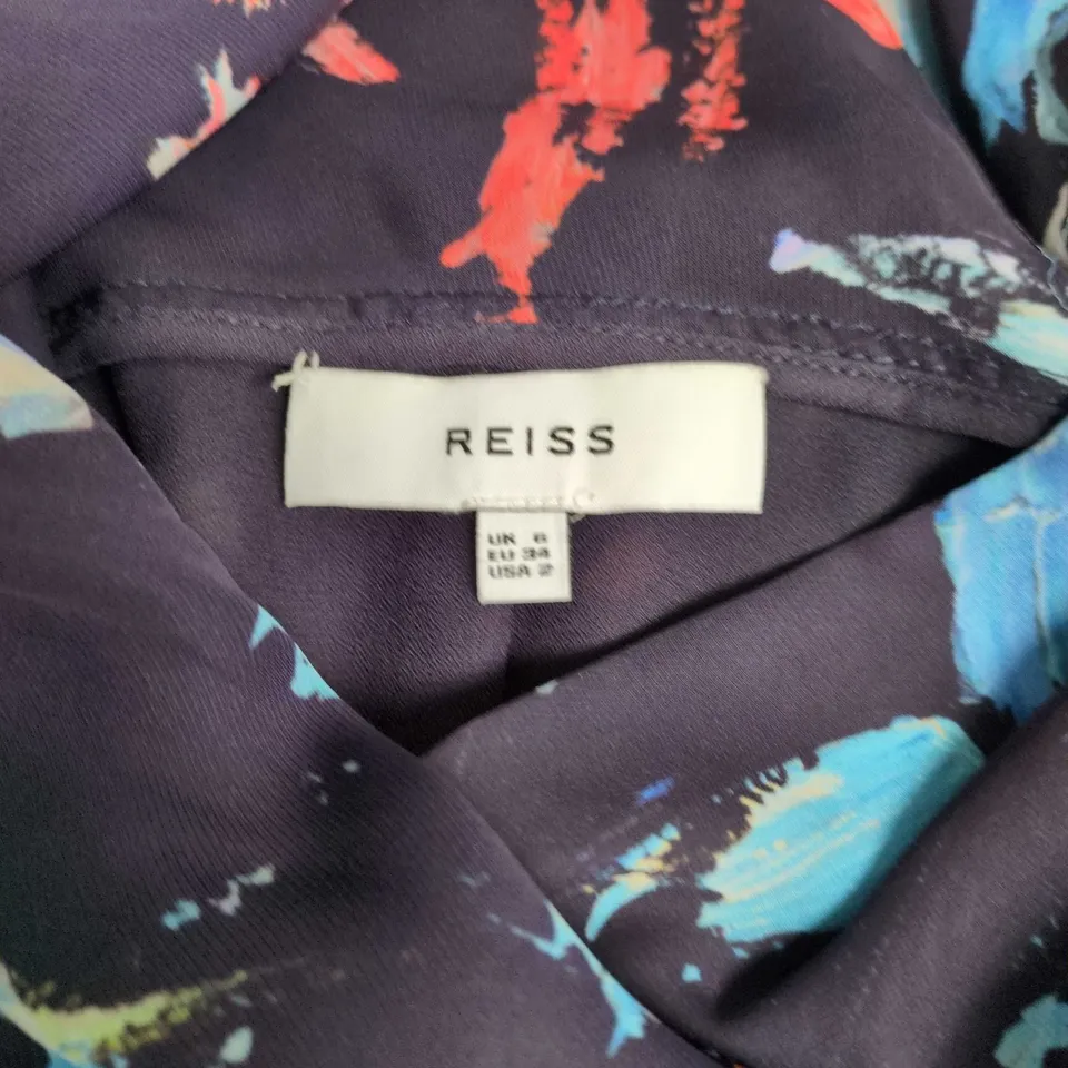 REISS WOMEN'S SLEEVELESS WRAP DRESS – ABSTRACT PAINT PRINT, NAVY SIZE 8 UK