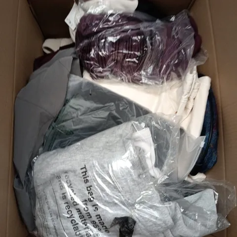 LARGE BOX OF APPROXIMATELY 25 ASSORTED CLOTHING ITEMS IN VARIOUS COLOURS, STYLES AND SIZES - COLLECTION ONLY