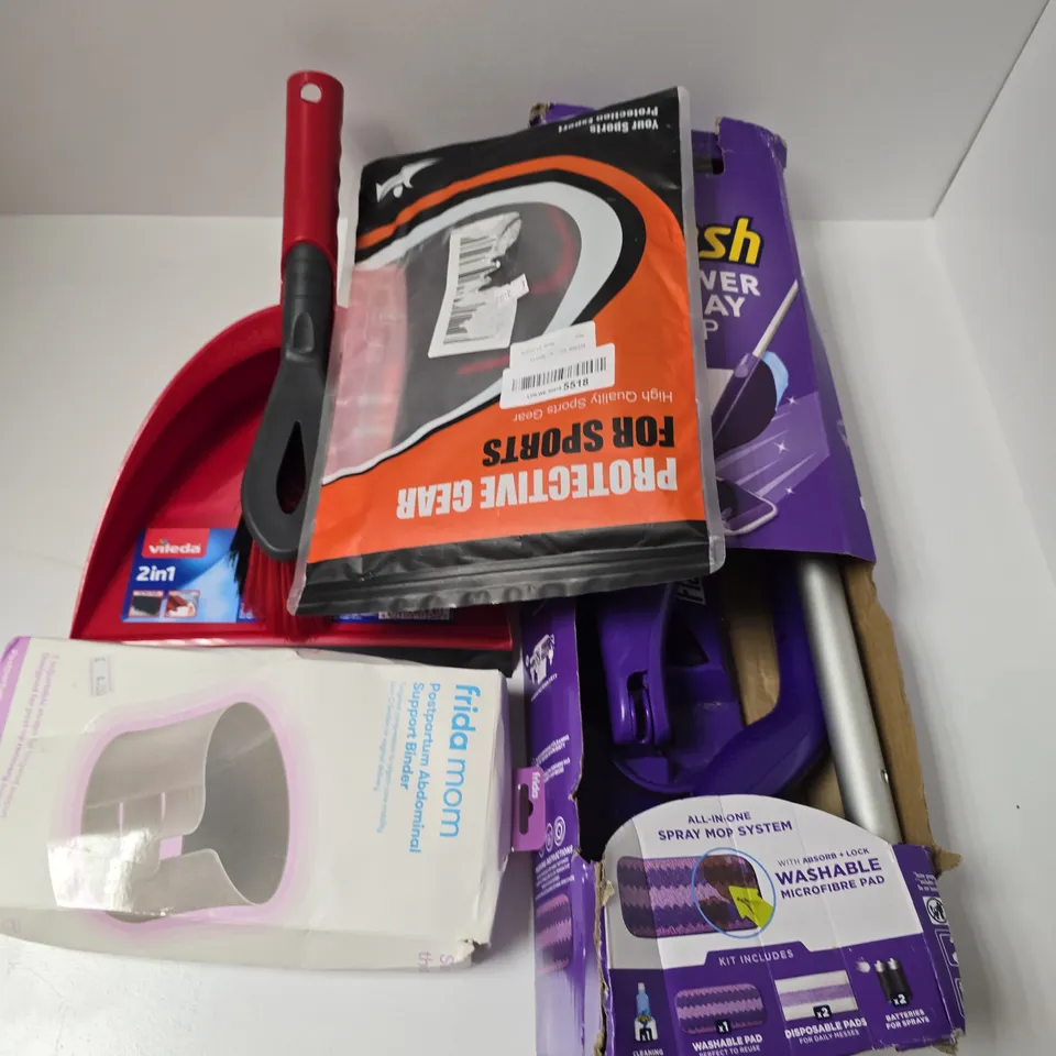 APPROXIMATELY 12 ASSORTED ITEMS TO INCLUDE FRIDA MOM SUPPORT BINDER, FLASH POWER SPRAY MOP, VILEDA DUSTPAN & BRUSH, ETC