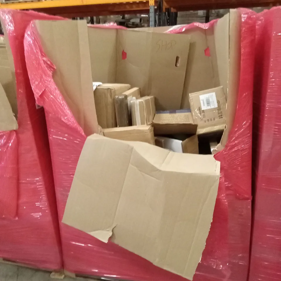 PALLET OF ASSORTED HOUSEHOLD GOODS & PRODUCTS TO INCLUDE; TOWER FAN, PIZZA PEELS, OFFICE CHAIR, PAPER SHREDDER ETC