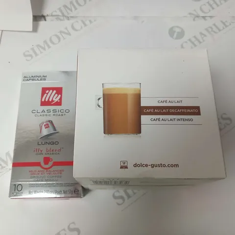 APPROXIMATELY 10 ILLY ALUMINIUM CAPSULE PACKS AND 3 PACKS NESCAFE DOLCE GUSTO CAFE AU LAIT PODS