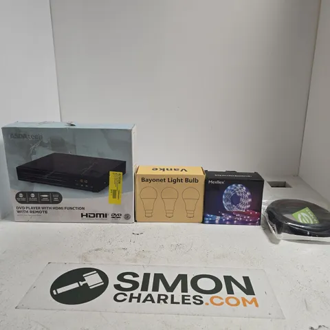 BOX OF APPROXIMATELY 10 ASSORTED ITEMS INCLUDING PRIMEWIRE, MEXLLEX LED STRIP LIGHTS AND BAYONET LIGHT BULB