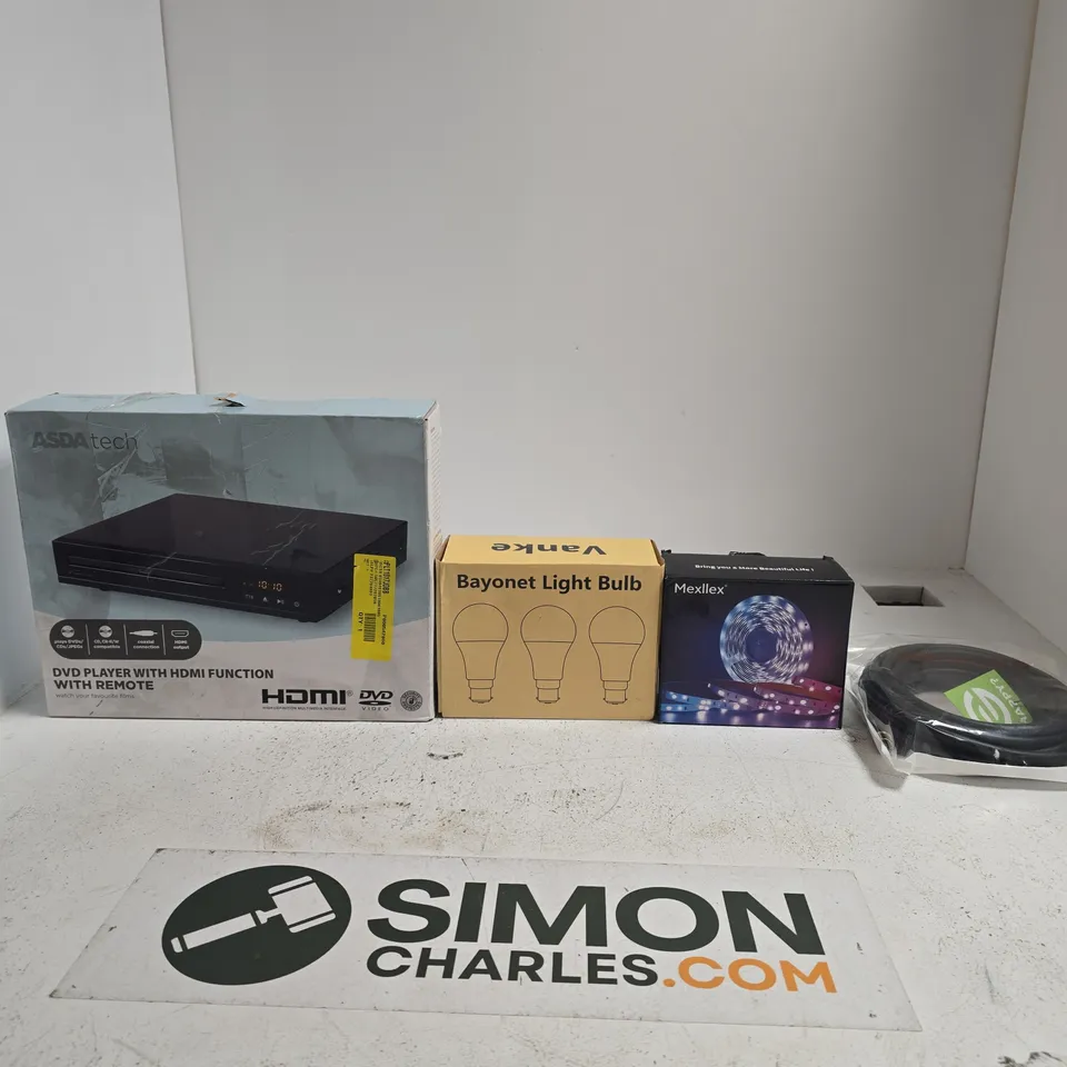BOX OF APPROXIMATELY 10 ASSORTED ITEMS INCLUDING PRIMEWIRE, MEXLLEX LED STRIP LIGHTS AND BAYONET LIGHT BULB