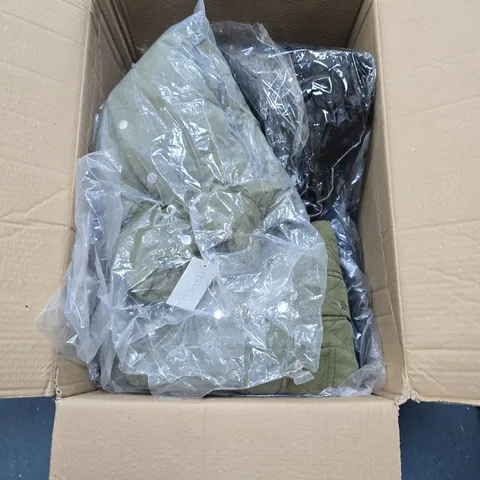 BOX OF APPROXIMATELY 8 ASSORTED CLOTHING ITEMS IN VARIOUS STYLES , COLOURS AND SIZES 