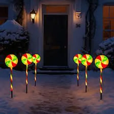 BOXED NEO LARGE 50CM CANDY CANE LOLLY LOLLIPOP CHRISTMAS REMOTE SOLAR AND BATTERY POWERED LIGHTS 6 PACK LED PATH STAKES TIMER 8 MODES TIMER OUTDOOR DΓCOR