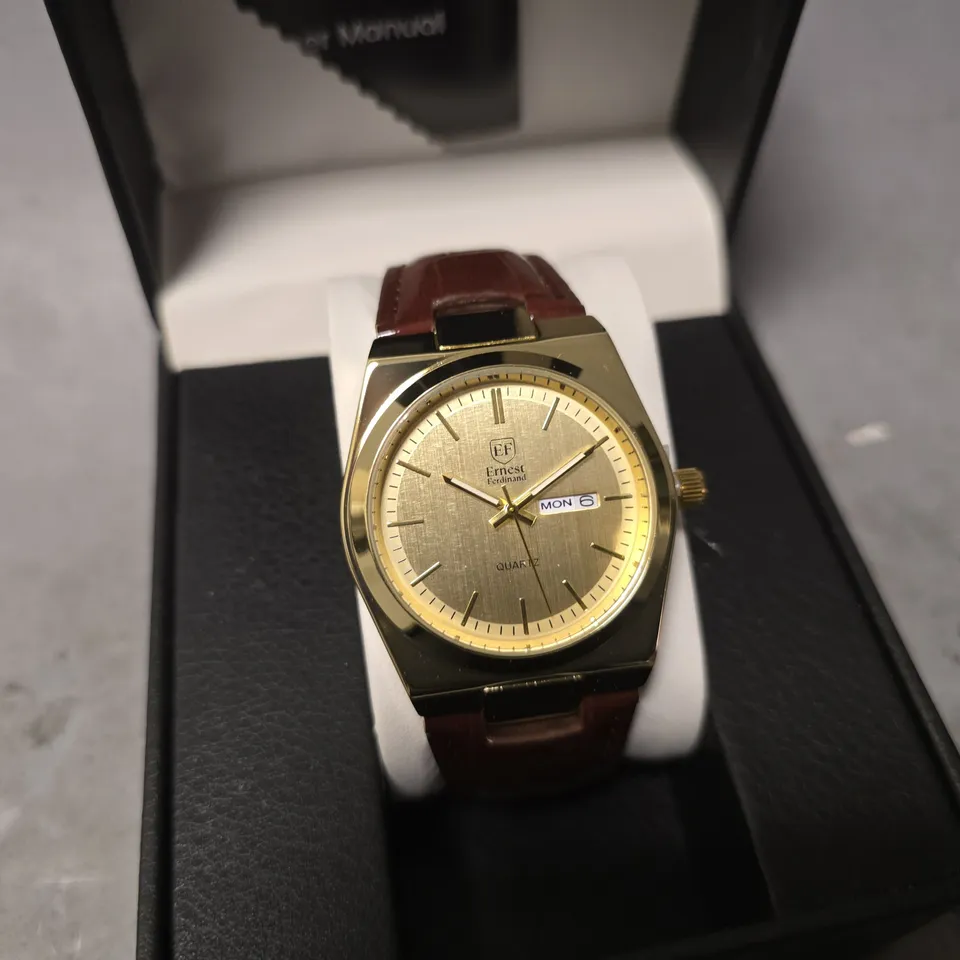 ERNEST FERDINAND WATCH – DAY DATE CALENDAR DIAL – LEATHER STRAP – 3ATM WATER RESISTANT - GIFT BOX