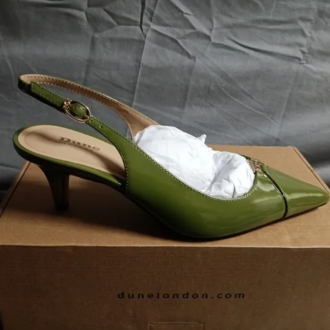 BOXED PAIR OF DUNE LONDON GREEN PATENT SLINGBACK SHOES - UK SIZE 5