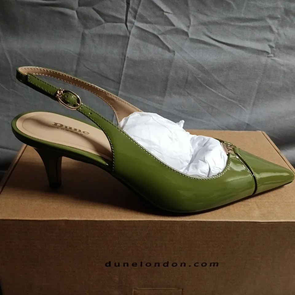 BOXED PAIR OF DUNE LONDON GREEN PATENT SLINGBACK SHOES - UK SIZE 5