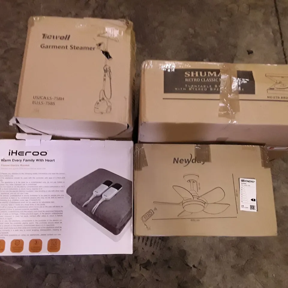 PALLET OF ASSORTED PRODUCTS INCLUDING TICWELL GARMENT STEAMER, RETRO CLASSIC TURNTABLE SYSTEM, LED CEILING FAN, FLANNEL ELECTRIC BLANKET, SPLIT SLEEVING, THE RAPTURE BOOK 