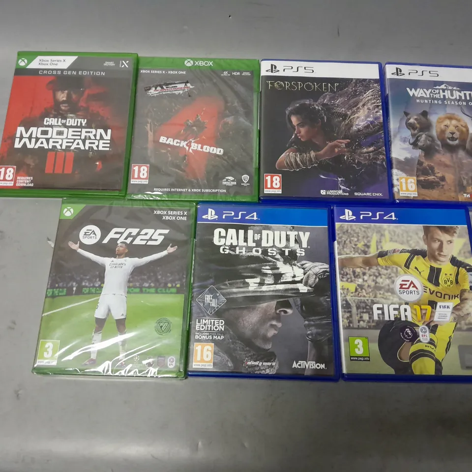 LOT OF 7 ASSORTED VIDEO GAMES TO INCLUDE FORSPOKEN PS5, CALL OF DUTY GHOSTS PS4 AND BACK 4 BLOOD XBOX SERIES X/ONE ETC