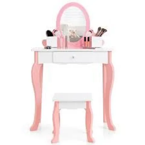 BOXED COSTWAY SINGLE DRAWER KIDS WHITE DRESSING TABLE AND STOOL SET WITH MIRROR