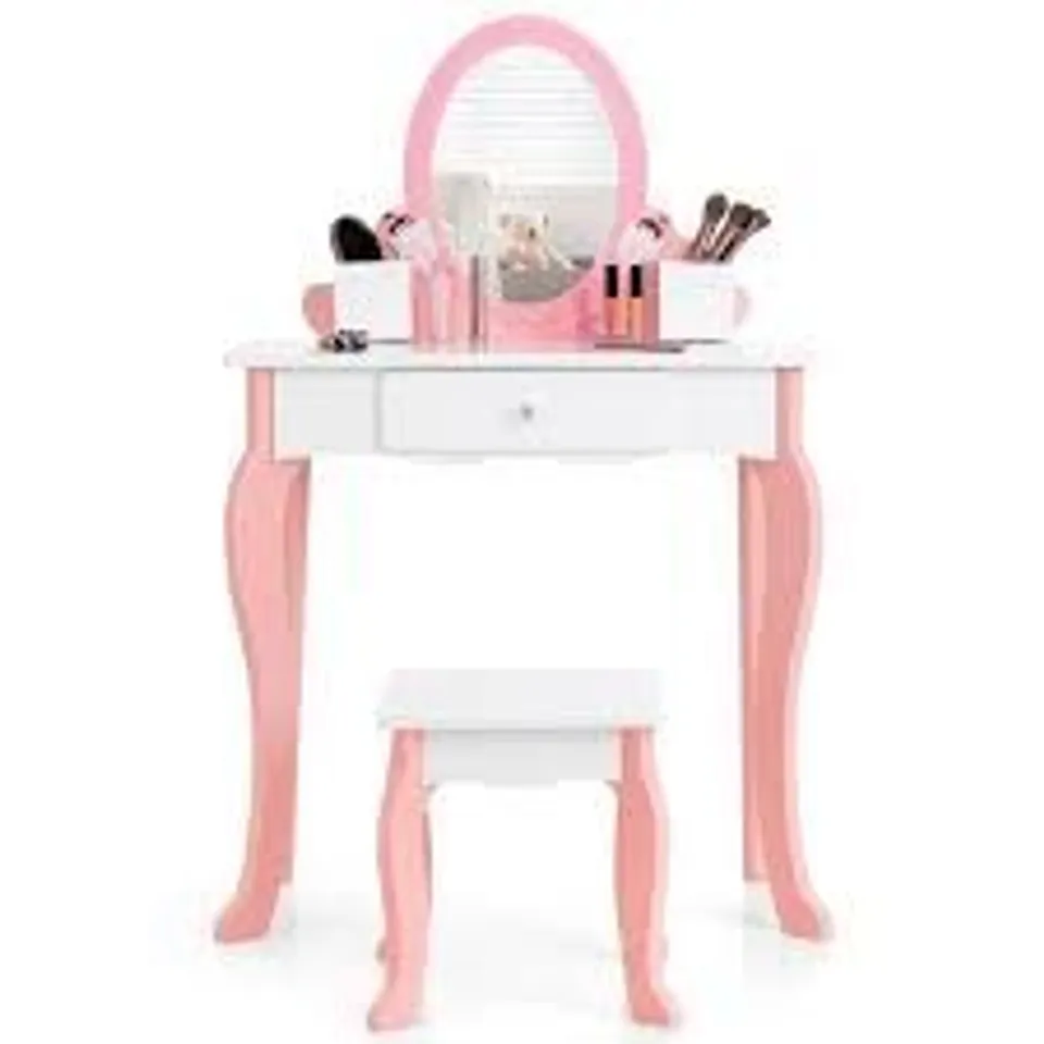 BOXED COSTWAY SINGLE DRAWER KIDS WHITE DRESSING TABLE AND STOOL SET WITH MIRROR