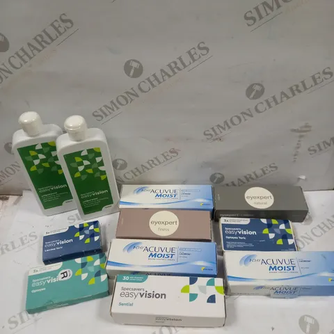 LOT OF APPROXIMATELY 25 ASSORTED EYECARE & HEALTHCARE PRODUCTS TO INCLUDE VARIOUS STRENGTH CONTACT LENSES, LENS SOLUTION, 1 DAY LENSES ETC