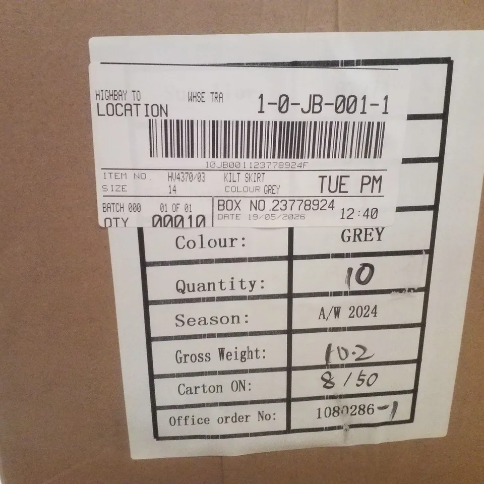 BOX CONTAINING APPROXIMATELY 10 BRAND NEW SIMPLY BE GREY KILT SKIRTS - SIZE 14