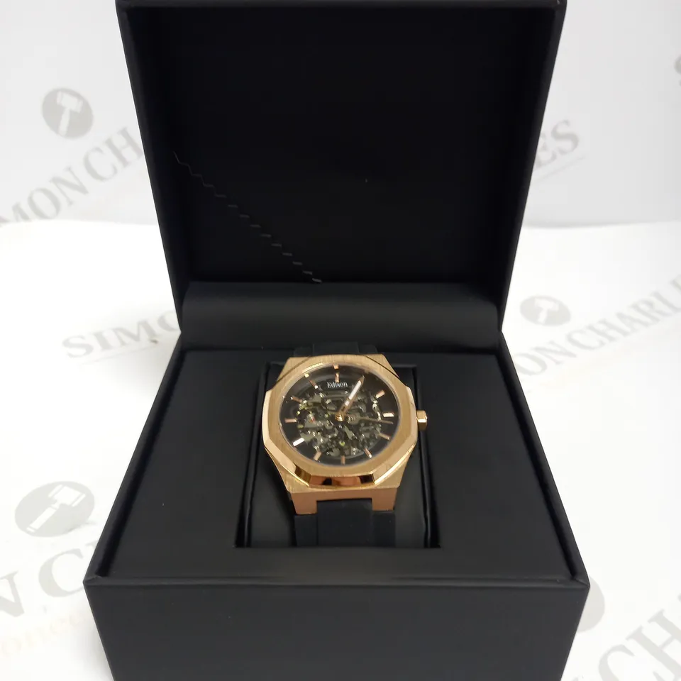 MENS EDISON AUTOMATIC WATCH – SKELETON DIAL – GLASS BACK CASE – RUBBER STRAP 