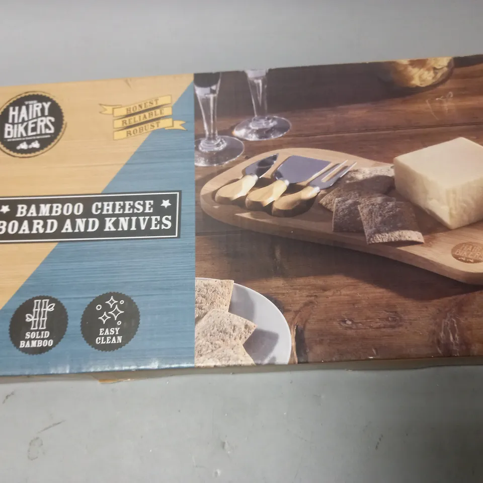 BOXED HAIRY BIKERS BAMBOO CHEESE BOARD AND KNIVES