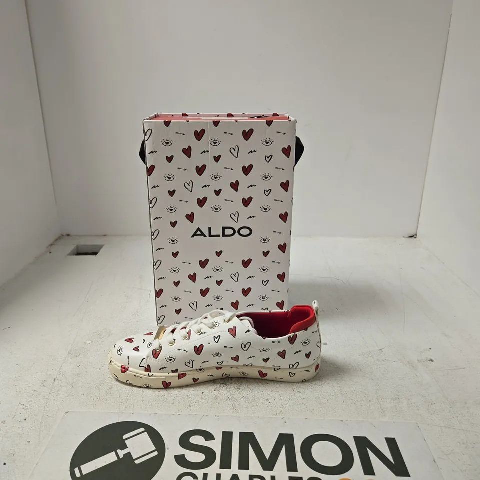 ALDO WHITE HEART-PRINT TRAINERS – WOMEN'S, BOXED - UK 7 