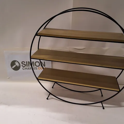 ROUND METAL-FRAMED THREE-TIER SHELF UNIT WITH WOOD SHELVES