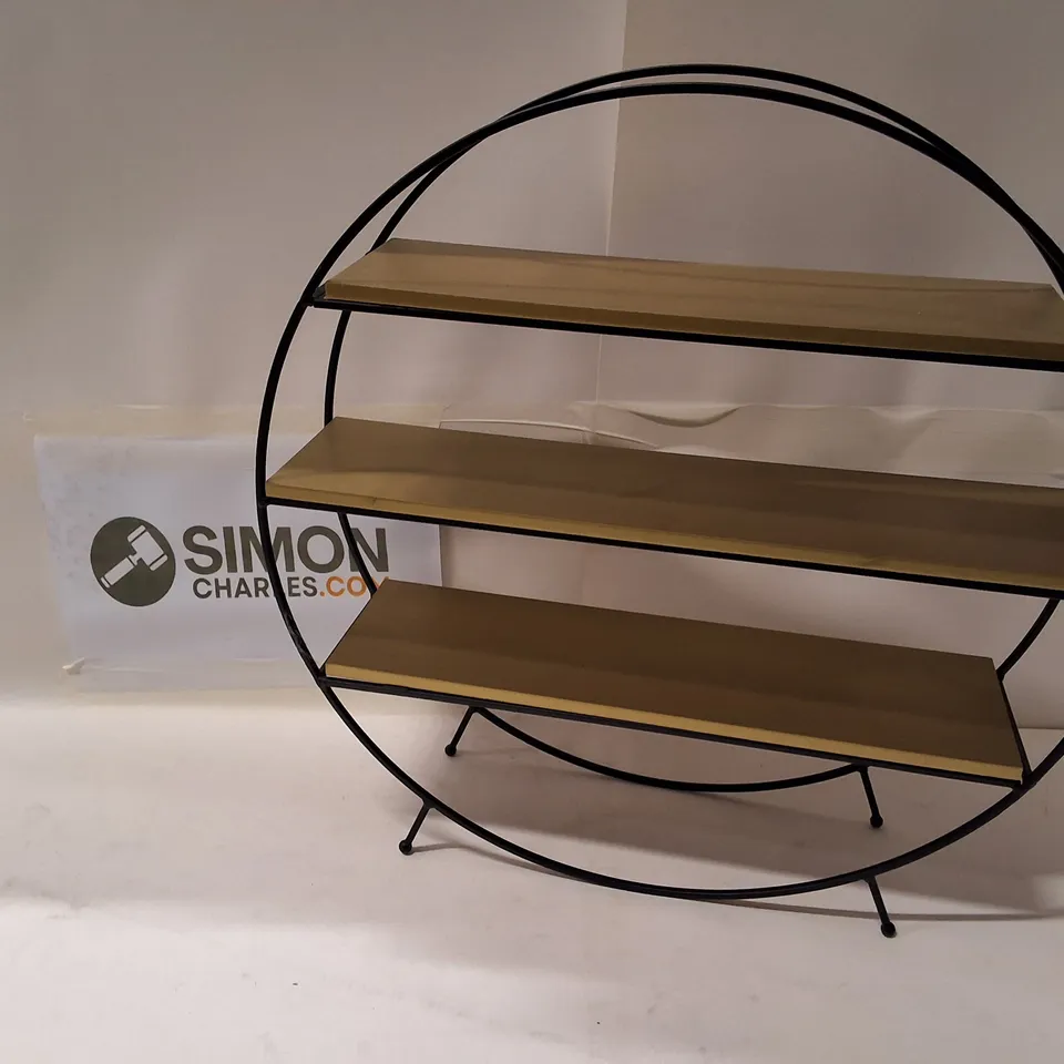 ROUND METAL-FRAMED THREE-TIER SHELF UNIT WITH WOOD SHELVES